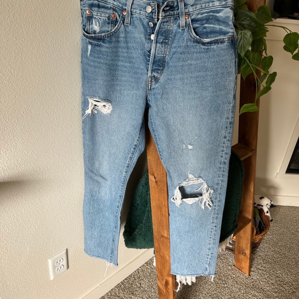 Levi's Blue Straight Leg Jeans with Distressed Details